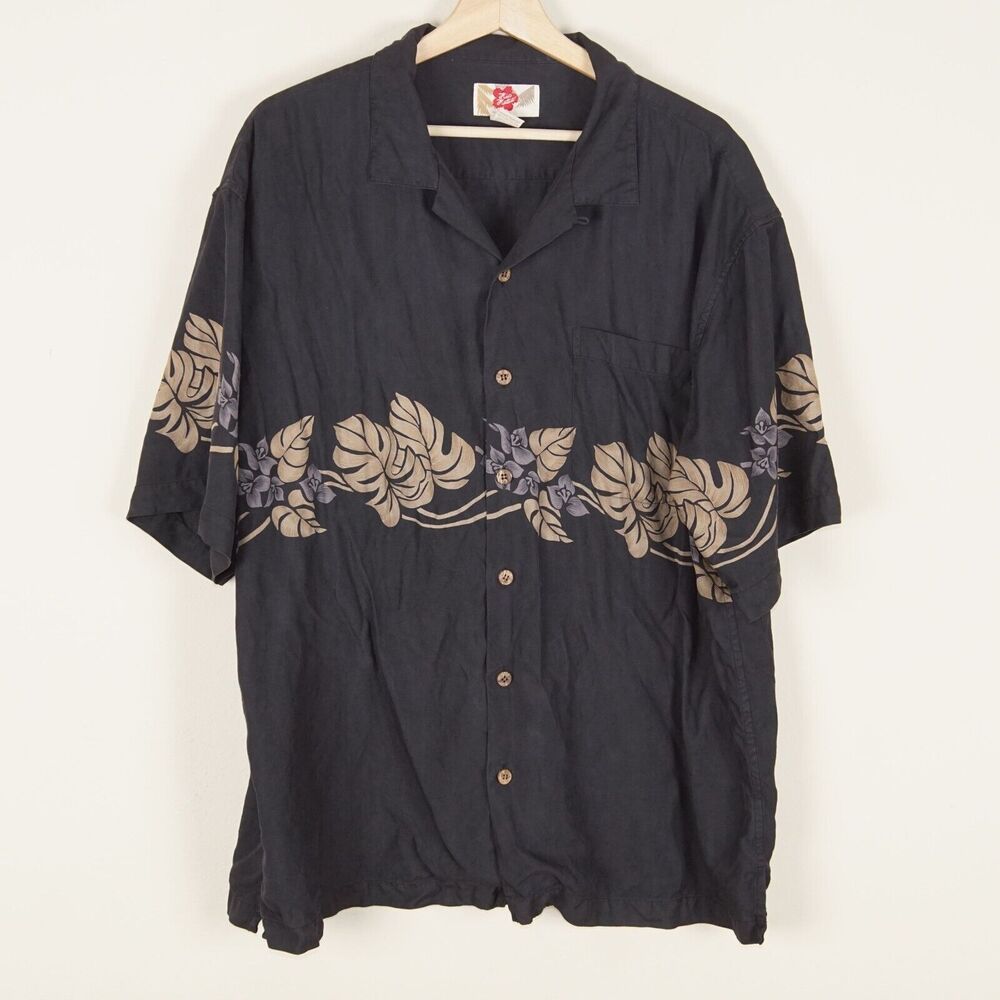 Hilo Hattie Hawaii 100% Silk Black Floral Short Sleeve Shirt Mens Sz L